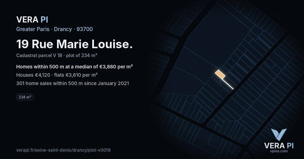 19 Rue Marie Louise, Drancy at night – the plot lit, the parcels around coloured by the prices near them