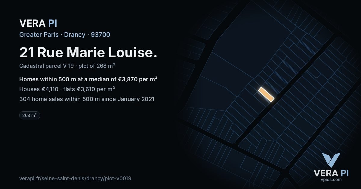 21 Rue Marie Louise, Drancy at night – the plot lit, the parcels around coloured by the prices near them