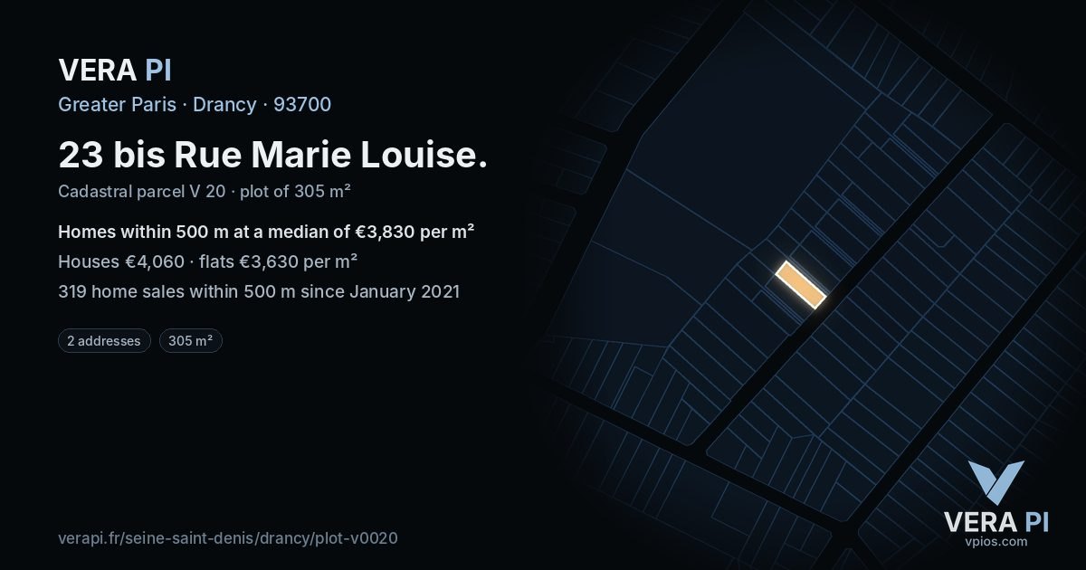 23 bis Rue Marie Louise, Drancy at night – the plot lit, the parcels around coloured by the prices near them