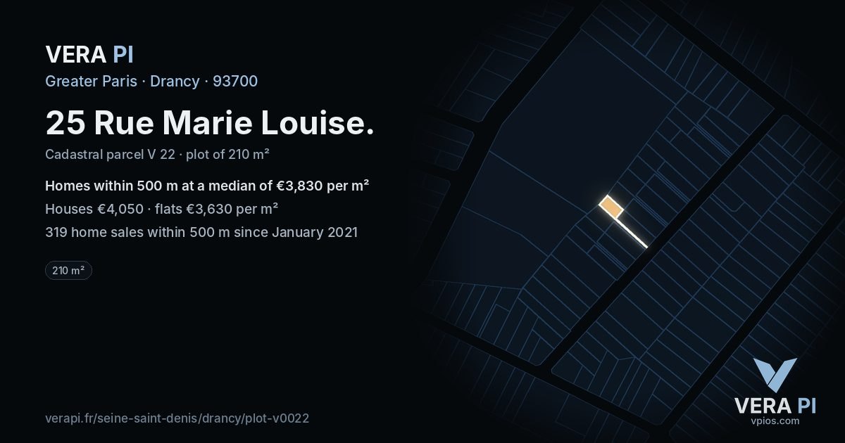 25 Rue Marie Louise, Drancy at night – the plot lit, the parcels around coloured by the prices near them