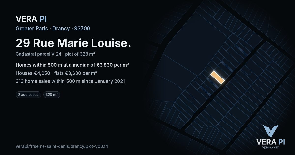 29 Rue Marie Louise, Drancy at night – the plot lit, the parcels around coloured by the prices near them