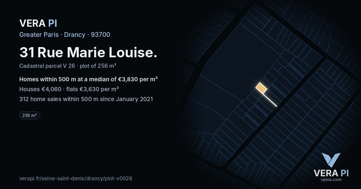 31 Rue Marie Louise, Drancy at night – the plot lit, the parcels around coloured by the prices near them