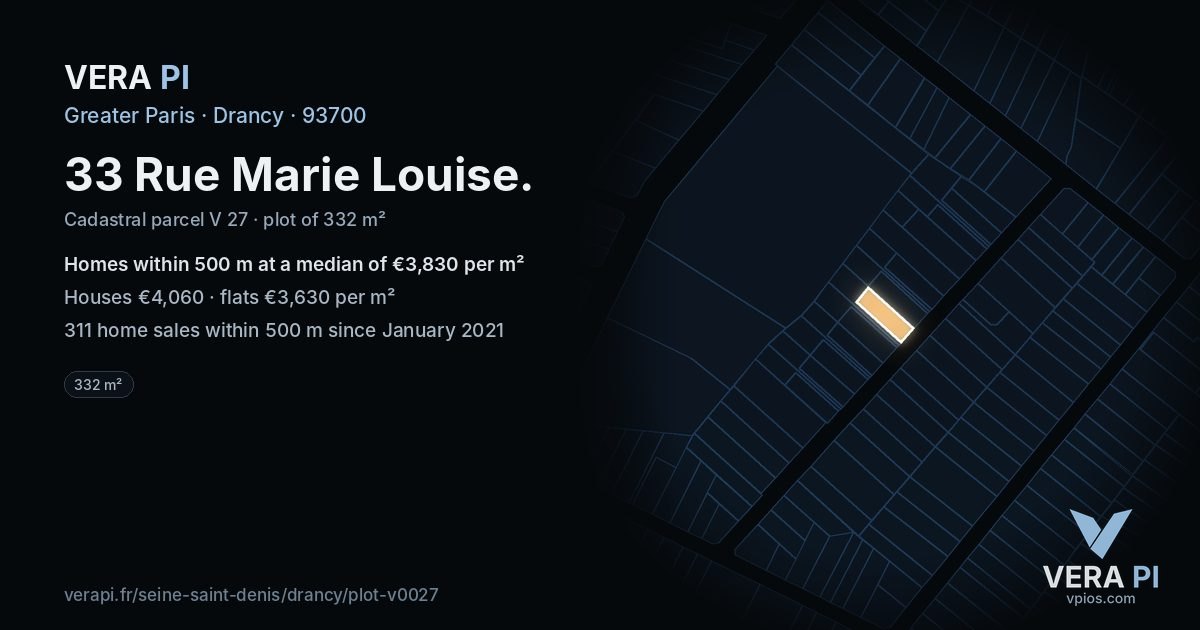 33 Rue Marie Louise, Drancy at night – the plot lit, the parcels around coloured by the prices near them
