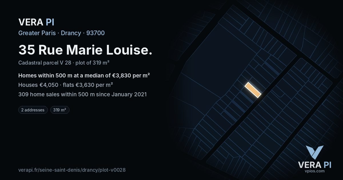35 Rue Marie Louise, Drancy at night – the plot lit, the parcels around coloured by the prices near them