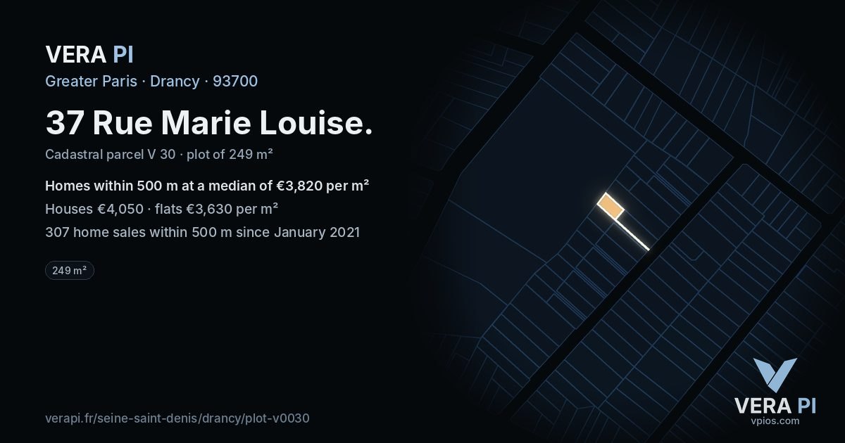 37 Rue Marie Louise, Drancy at night – the plot lit, the parcels around coloured by the prices near them