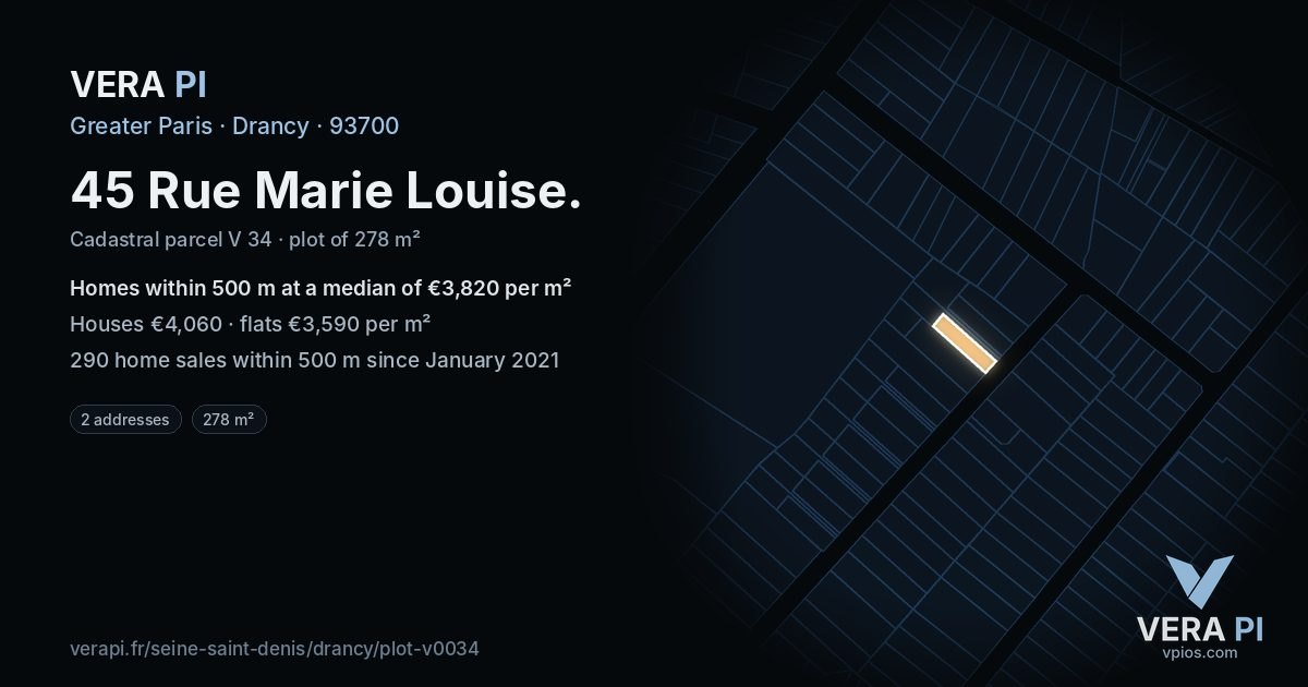 45 Rue Marie Louise, Drancy at night – the plot lit, the parcels around coloured by the prices near them