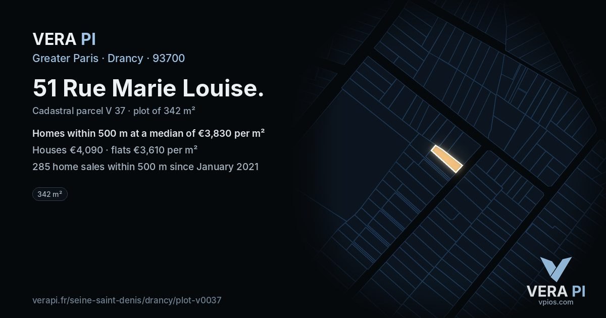 51 Rue Marie Louise, Drancy at night – the plot lit, the parcels around coloured by the prices near them