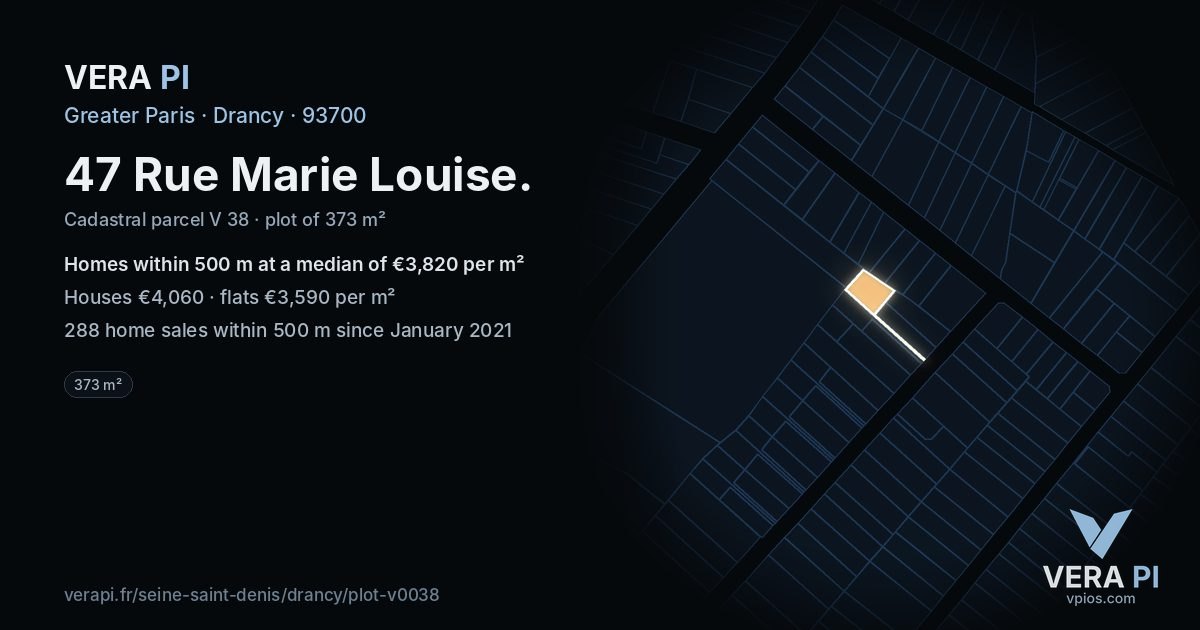 47 Rue Marie Louise, Drancy at night – the plot lit, the parcels around coloured by the prices near them