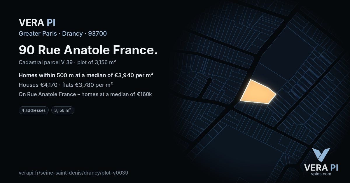90 Rue Anatole France, Drancy at night – the plot lit, the parcels around coloured by the prices near them