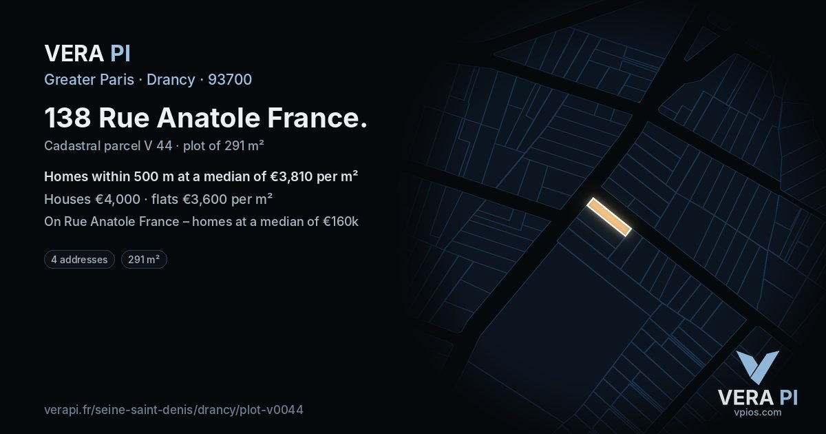 138 Rue Anatole France, Drancy at night – the plot lit, the parcels around coloured by the prices near them