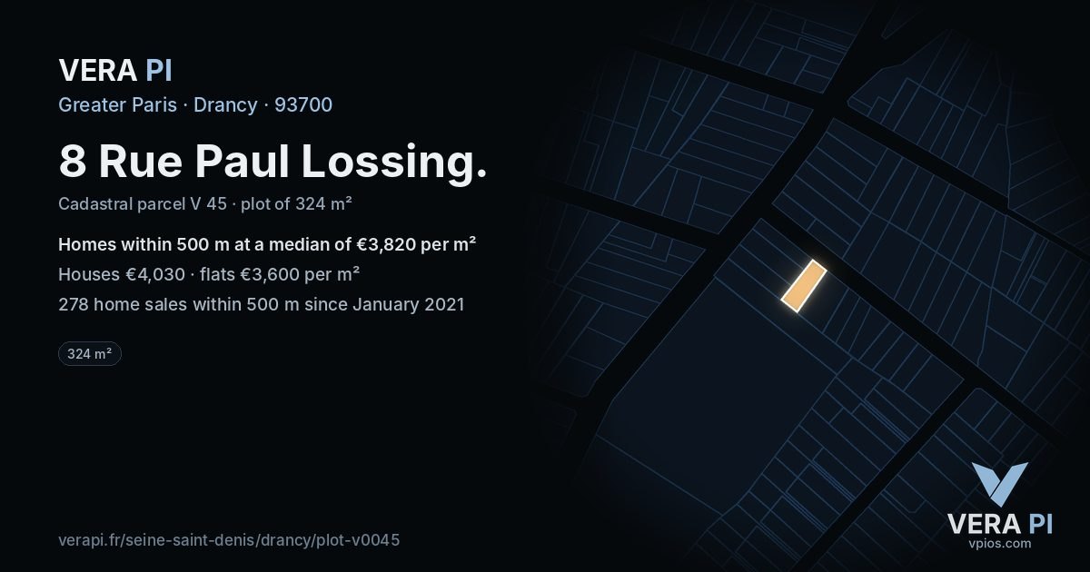 8 Rue Paul Lossing, Drancy at night – the plot lit, the parcels around coloured by the prices near them