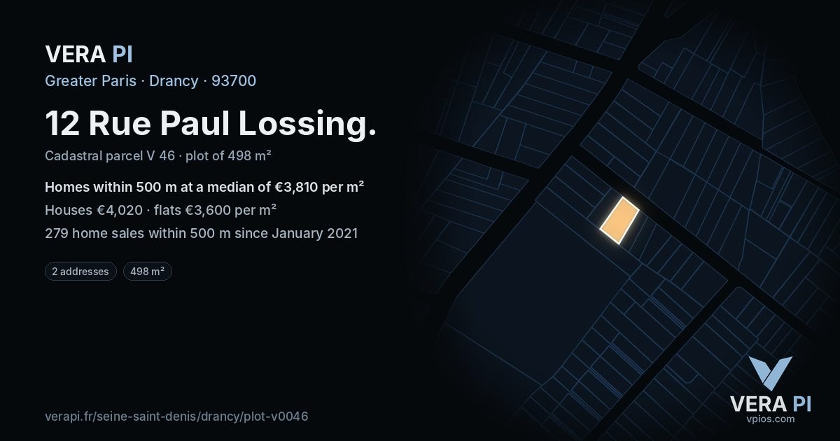 12 Rue Paul Lossing, Drancy at night – the plot lit, the parcels around coloured by the prices near them
