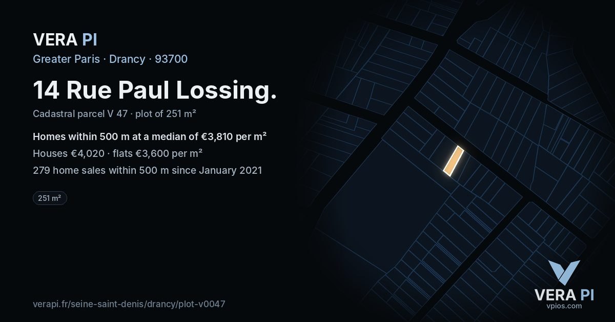 14 Rue Paul Lossing, Drancy at night – the plot lit, the parcels around coloured by the prices near them