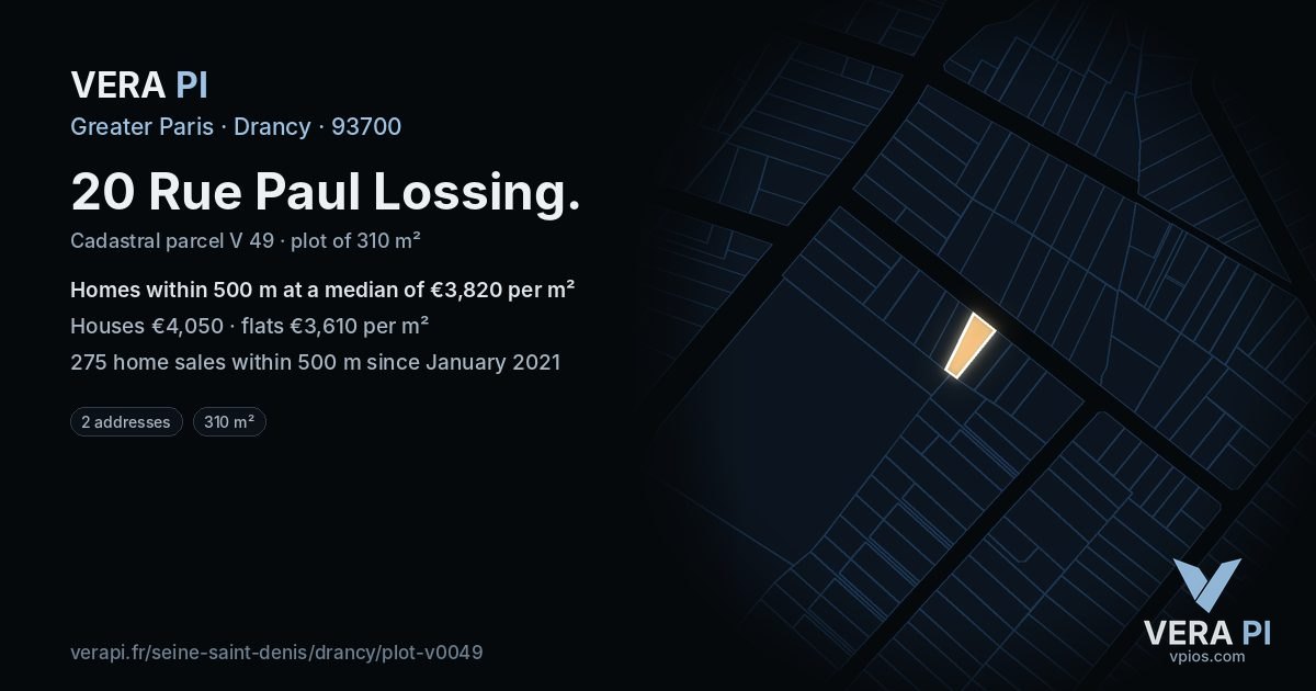 20 Rue Paul Lossing, Drancy at night – the plot lit, the parcels around coloured by the prices near them