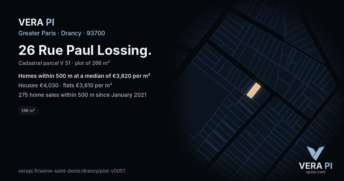 26 Rue Paul Lossing, Drancy at night – the plot lit, the parcels around coloured by the prices near them