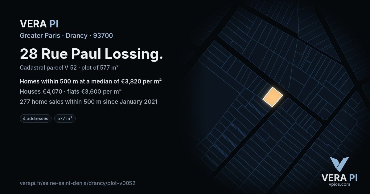 28 Rue Paul Lossing, Drancy at night – the plot lit, the parcels around coloured by the prices near them