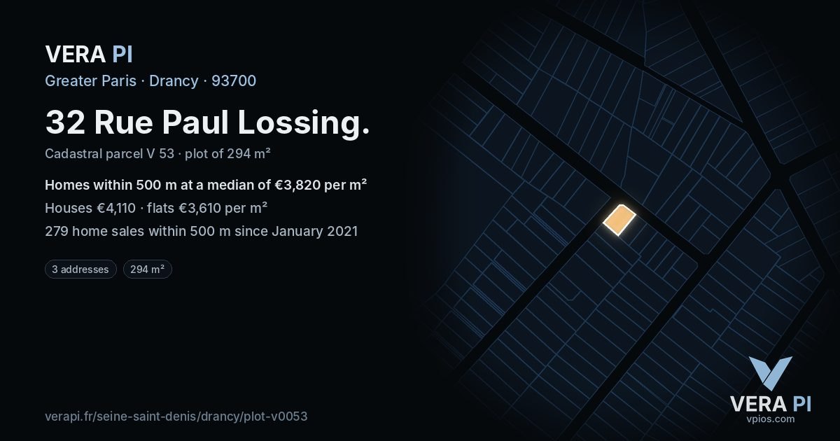 32 Rue Paul Lossing, Drancy at night – the plot lit, the parcels around coloured by the prices near them