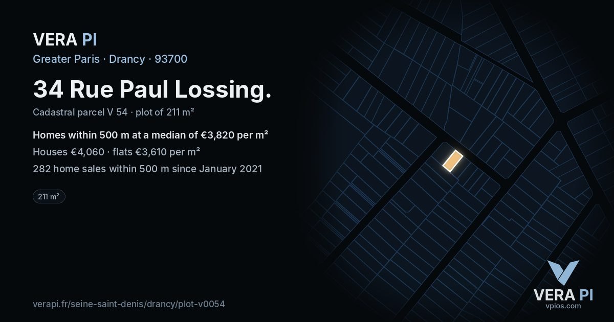 34 Rue Paul Lossing, Drancy at night – the plot lit, the parcels around coloured by the prices near them
