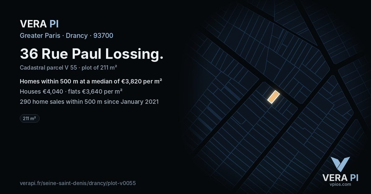 36 Rue Paul Lossing, Drancy at night – the plot lit, the parcels around coloured by the prices near them