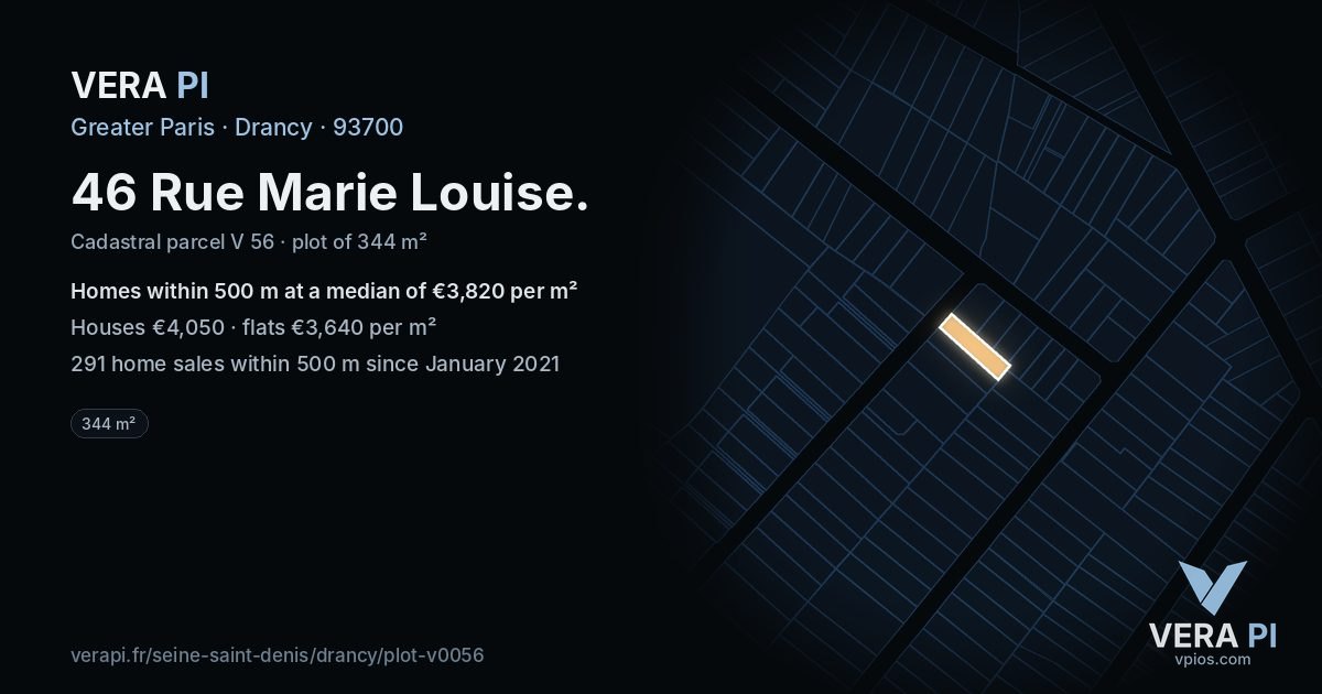 46 Rue Marie Louise, Drancy at night – the plot lit, the parcels around coloured by the prices near them