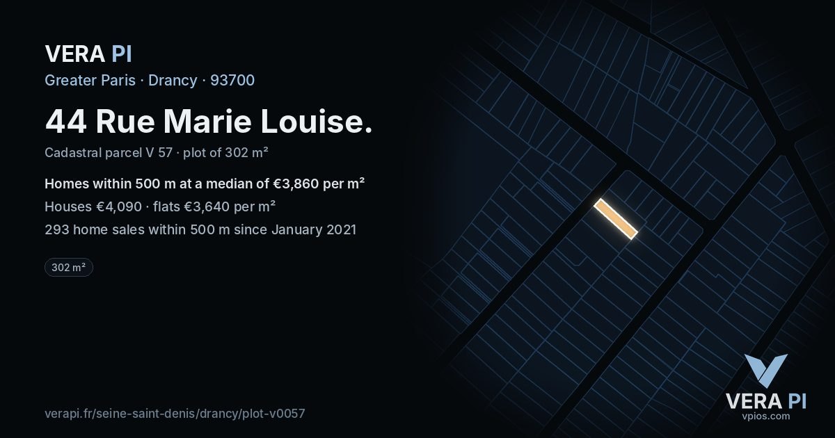 44 Rue Marie Louise, Drancy at night – the plot lit, the parcels around coloured by the prices near them