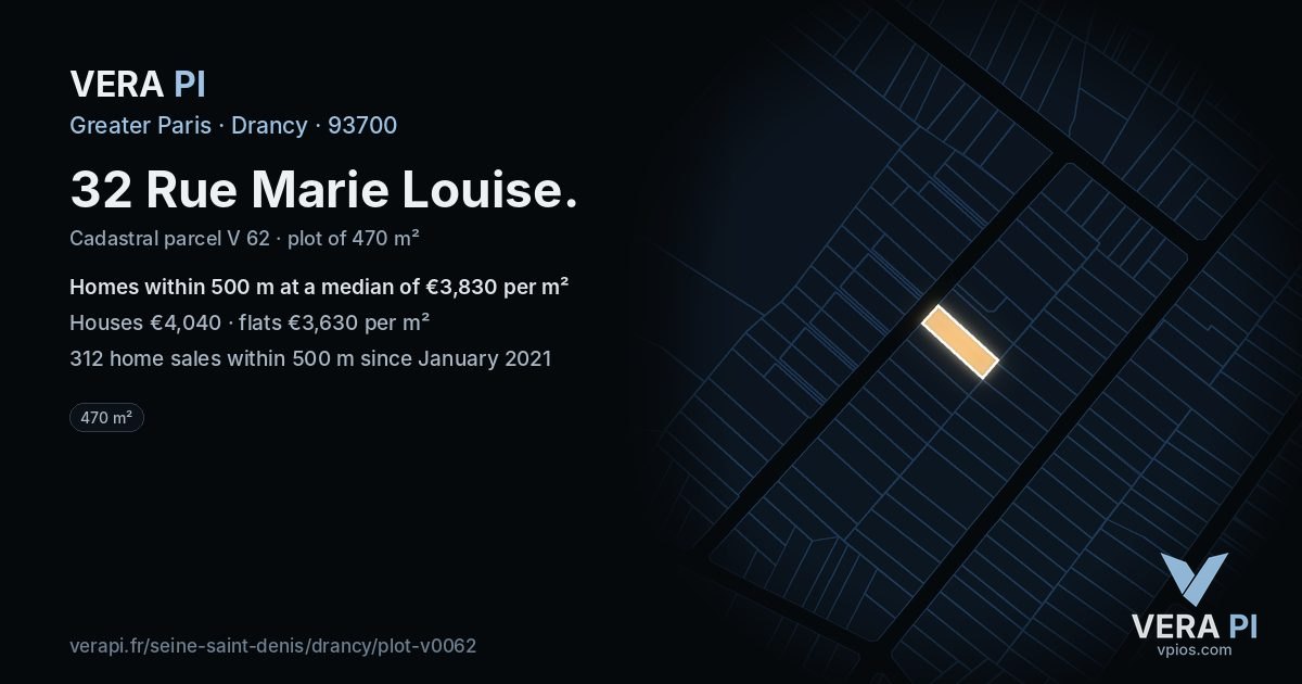 32 Rue Marie Louise, Drancy at night – the plot lit, the parcels around coloured by the prices near them