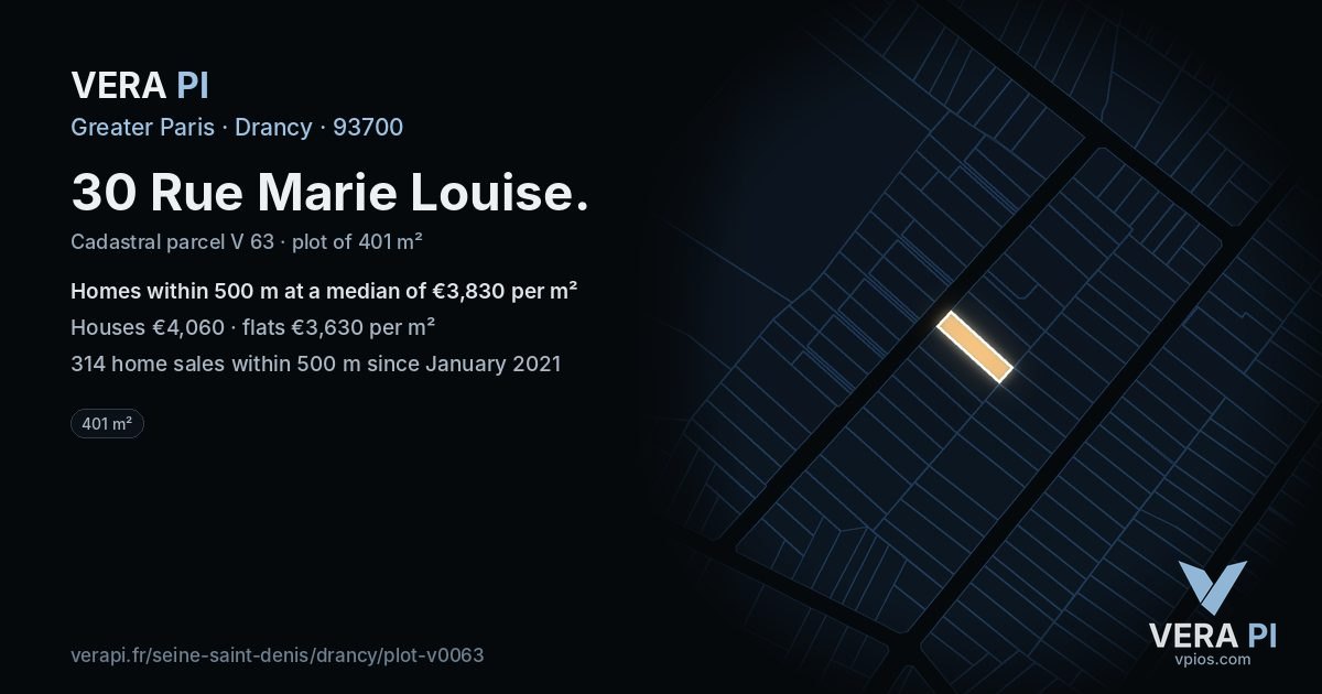 30 Rue Marie Louise, Drancy at night – the plot lit, the parcels around coloured by the prices near them