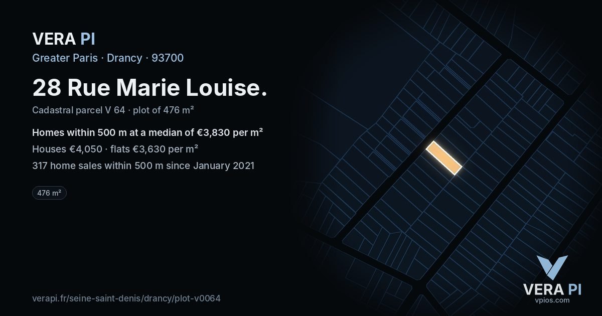 28 Rue Marie Louise, Drancy at night – the plot lit, the parcels around coloured by the prices near them