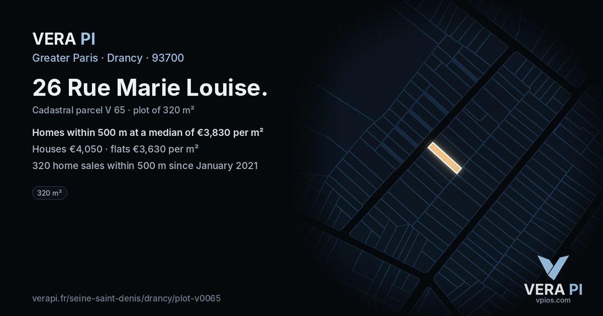 26 Rue Marie Louise, Drancy at night – the plot lit, the parcels around coloured by the prices near them