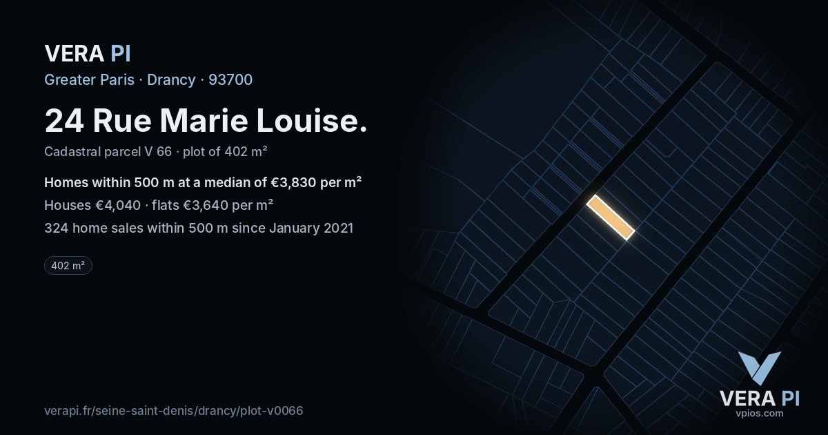 24 Rue Marie Louise, Drancy at night – the plot lit, the parcels around coloured by the prices near them