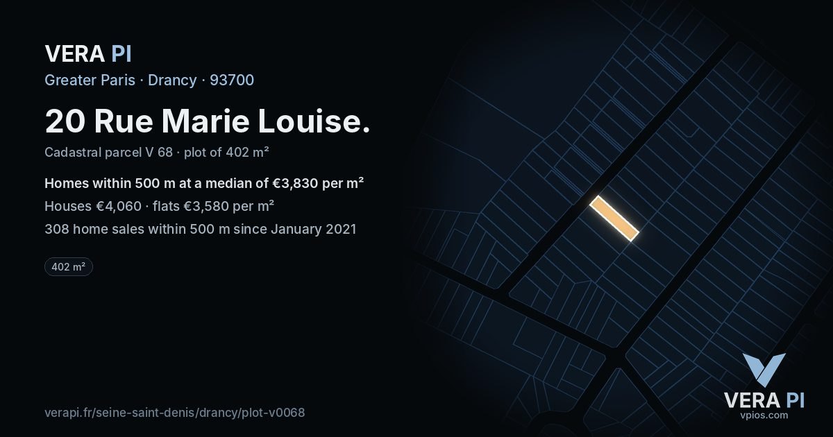 20 Rue Marie Louise, Drancy at night – the plot lit, the parcels around coloured by the prices near them