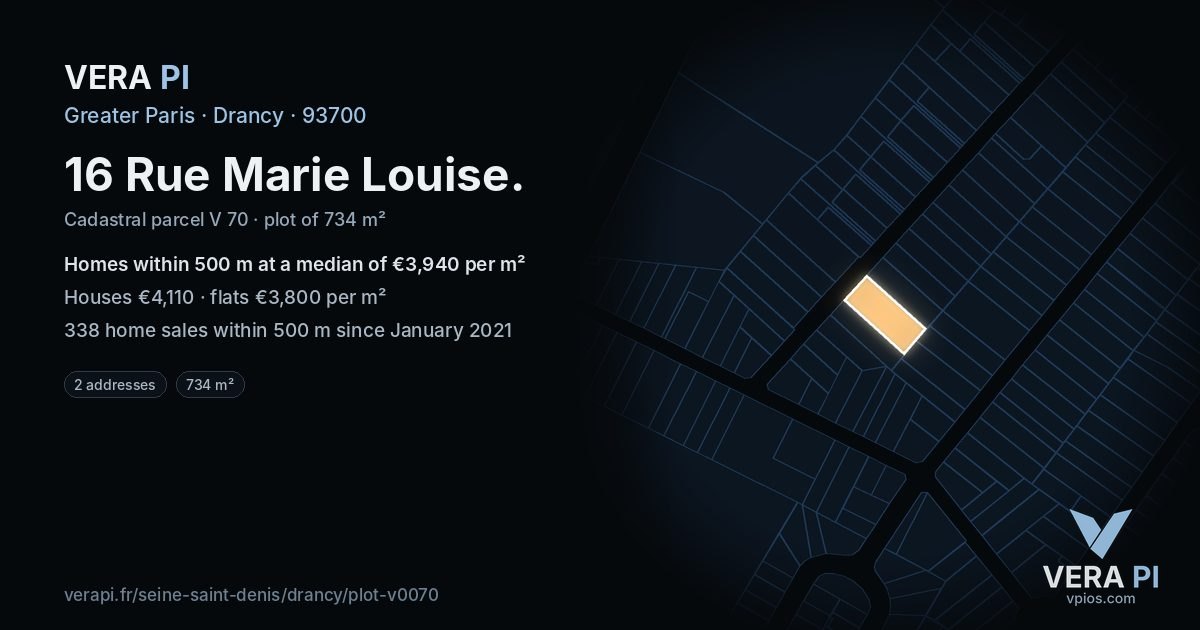 16 Rue Marie Louise, Drancy at night – the plot lit, the parcels around coloured by the prices near them