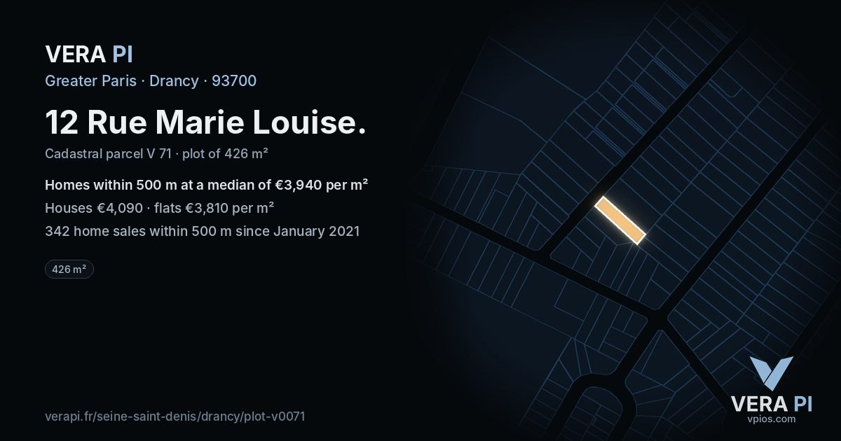 12 Rue Marie Louise, Drancy at night – the plot lit, the parcels around coloured by the prices near them