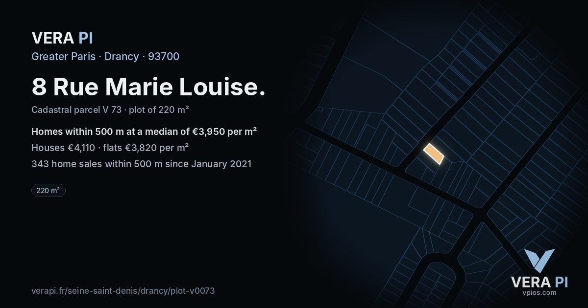 8 Rue Marie Louise, Drancy at night – the plot lit, the parcels around coloured by the prices near them