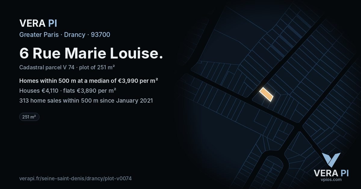 6 Rue Marie Louise, Drancy at night – the plot lit, the parcels around coloured by the prices near them