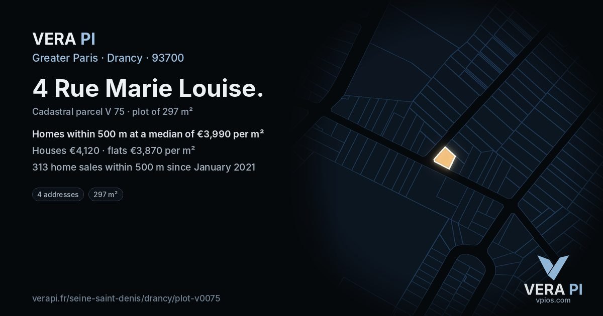 4 Rue Marie Louise, Drancy at night – the plot lit, the parcels around coloured by the prices near them