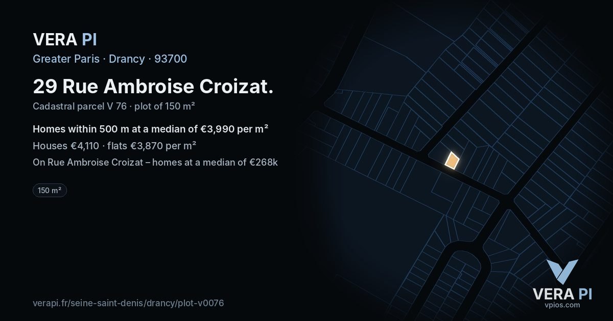 29 Rue Ambroise Croizat, Drancy at night – the plot lit, the parcels around coloured by the prices near them