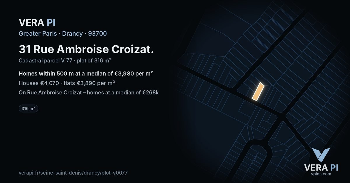 31 Rue Ambroise Croizat, Drancy at night – the plot lit, the parcels around coloured by the prices near them