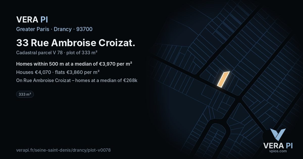 33 Rue Ambroise Croizat, Drancy at night – the plot lit, the parcels around coloured by the prices near them