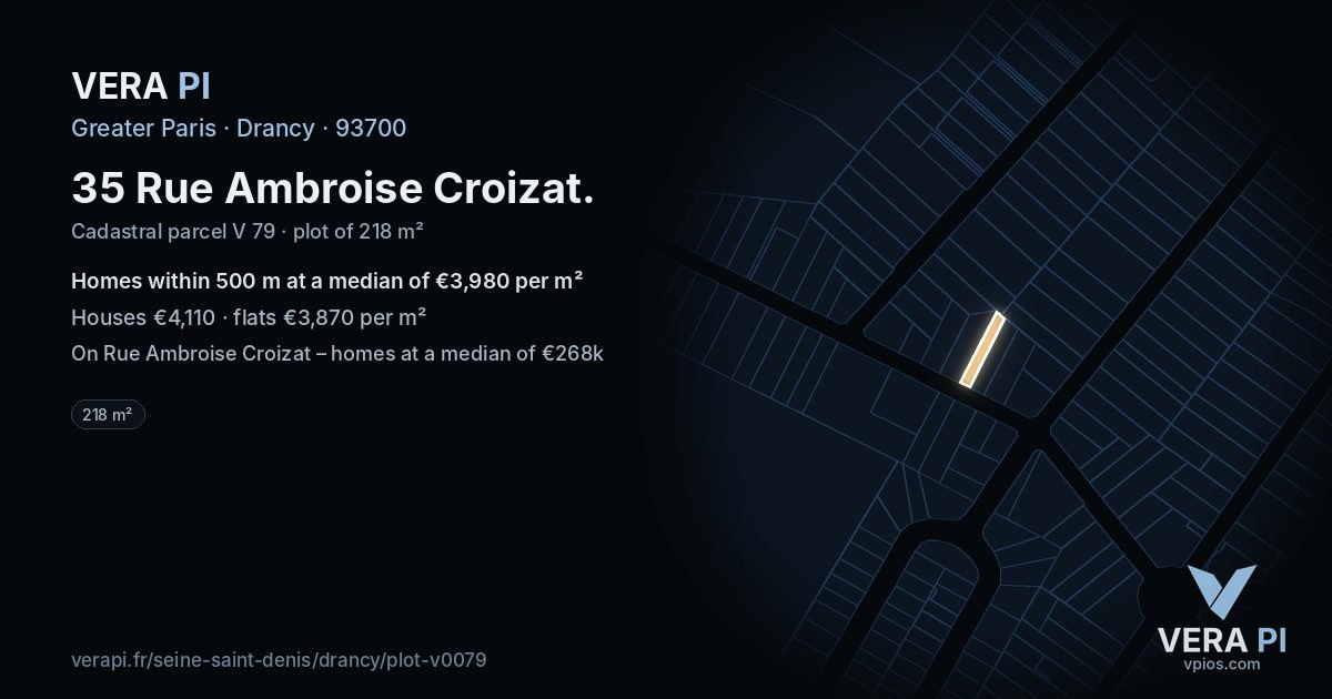 35 Rue Ambroise Croizat, Drancy at night – the plot lit, the parcels around coloured by the prices near them