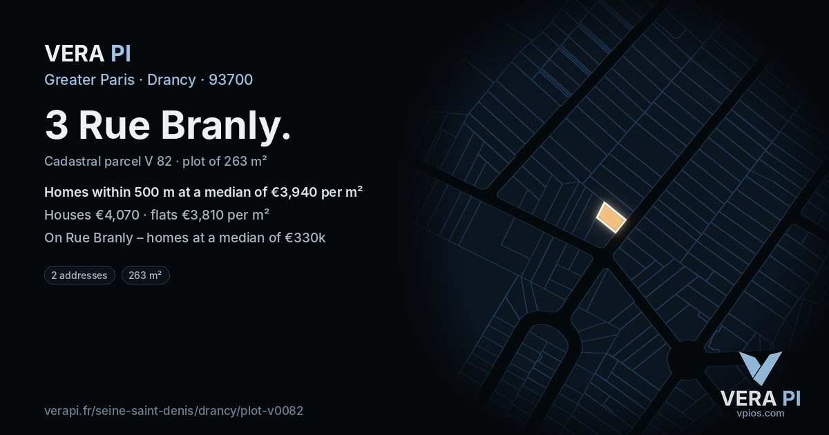 3 Rue Branly, Drancy at night – the plot lit, the parcels around coloured by the prices near them