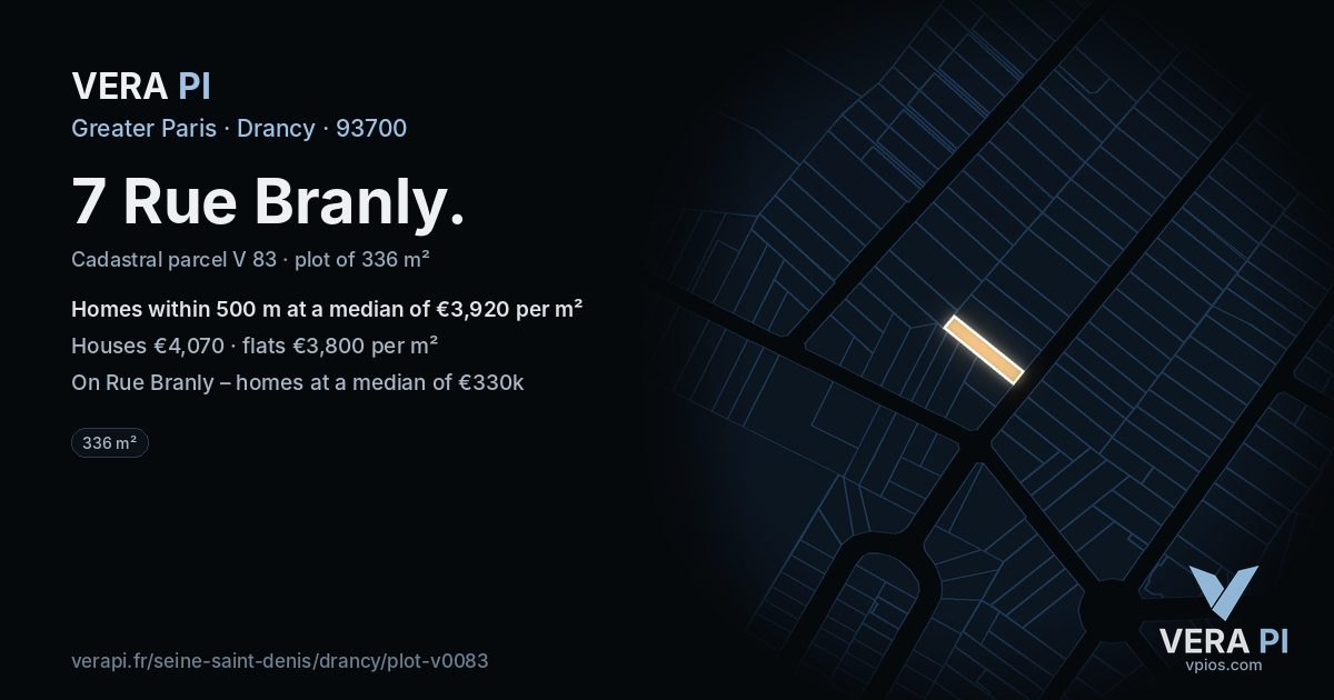 7 Rue Branly, Drancy at night – the plot lit, the parcels around coloured by the prices near them