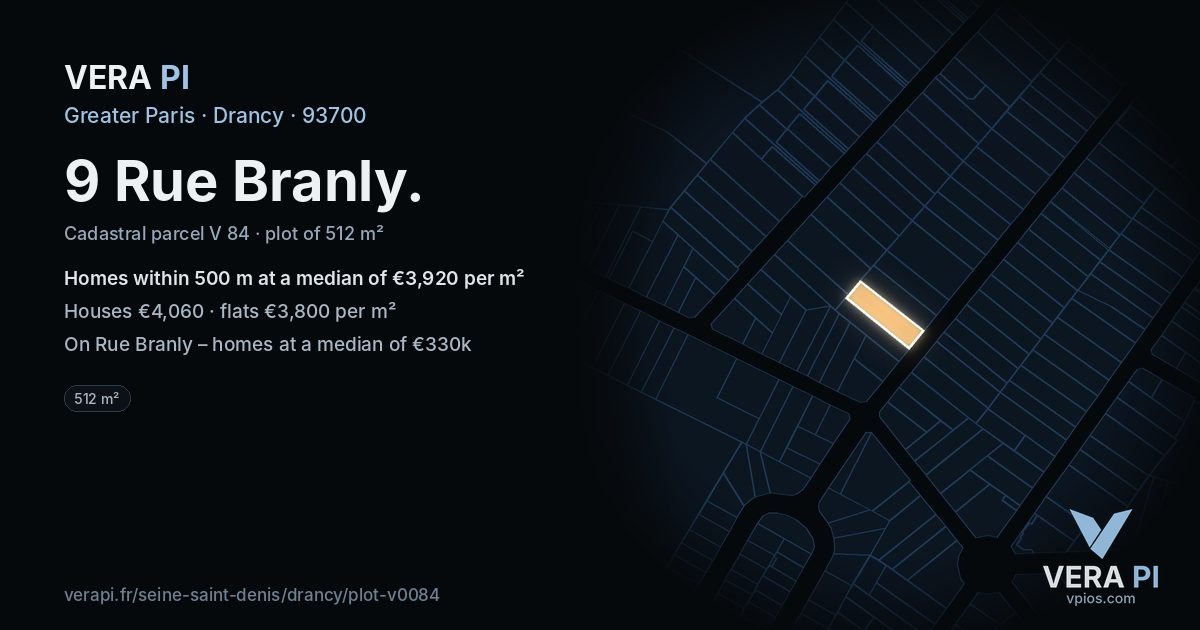 9 Rue Branly, Drancy at night – the plot lit, the parcels around coloured by the prices near them