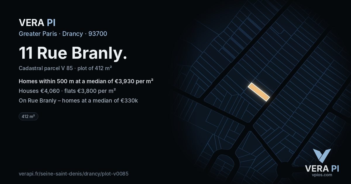 11 Rue Branly, Drancy at night – the plot lit, the parcels around coloured by the prices near them