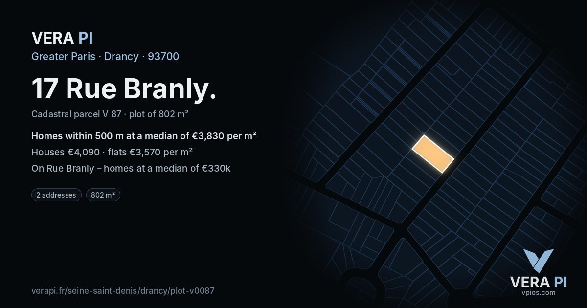 17 Rue Branly, Drancy at night – the plot lit, the parcels around coloured by the prices near them