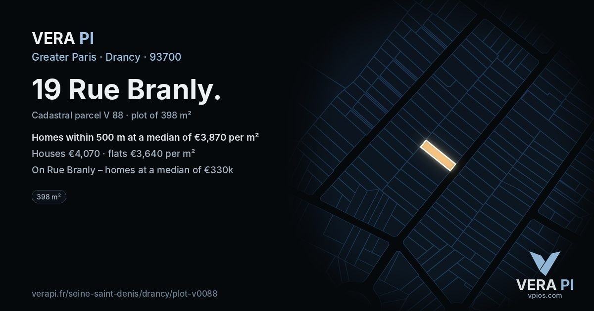 19 Rue Branly, Drancy at night – the plot lit, the parcels around coloured by the prices near them