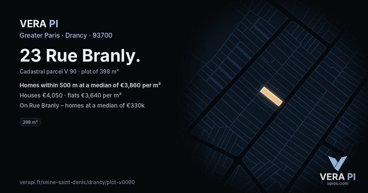 23 Rue Branly, Drancy at night – the plot lit, the parcels around coloured by the prices near them