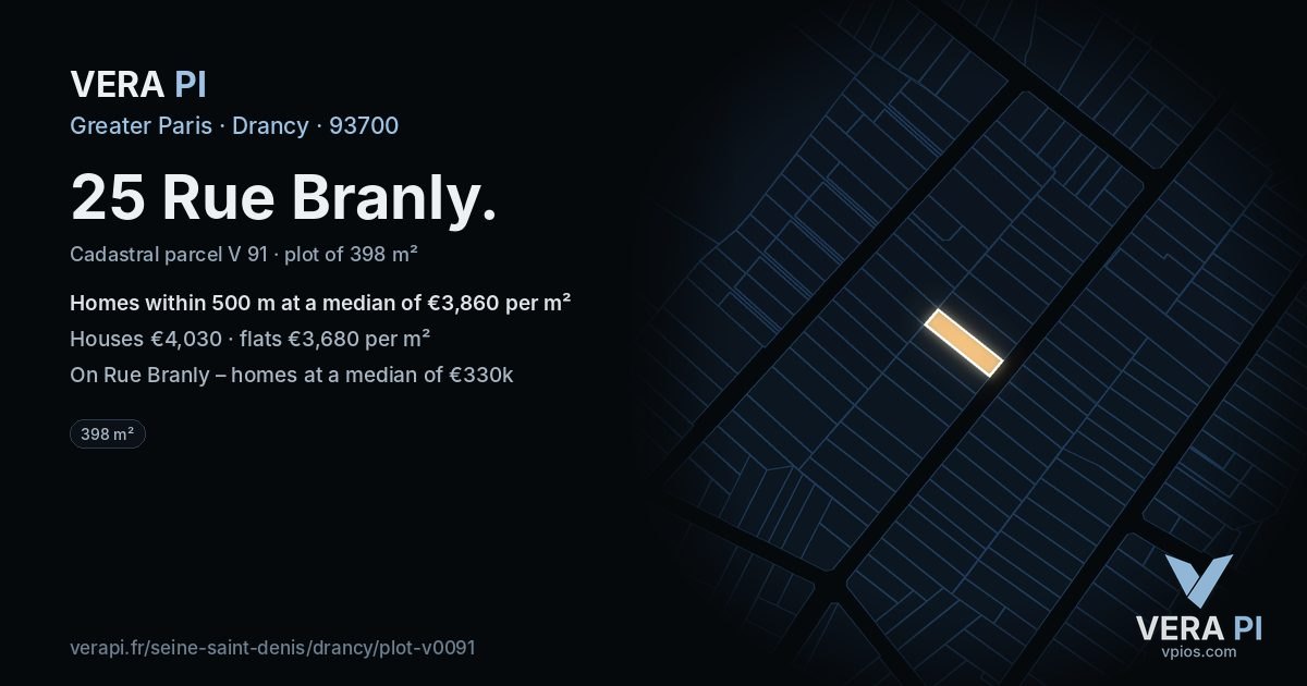 25 Rue Branly, Drancy at night – the plot lit, the parcels around coloured by the prices near them