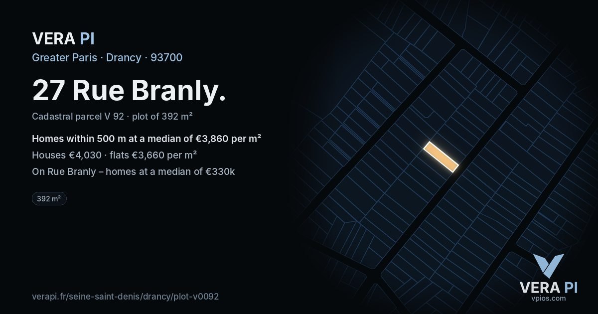 27 Rue Branly, Drancy at night – the plot lit, the parcels around coloured by the prices near them