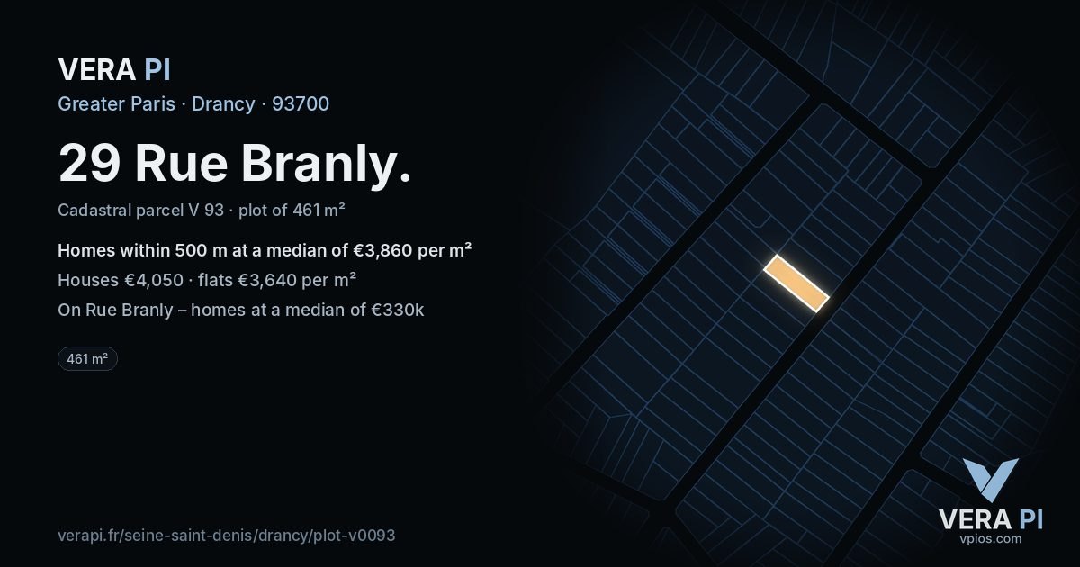 29 Rue Branly, Drancy at night – the plot lit, the parcels around coloured by the prices near them